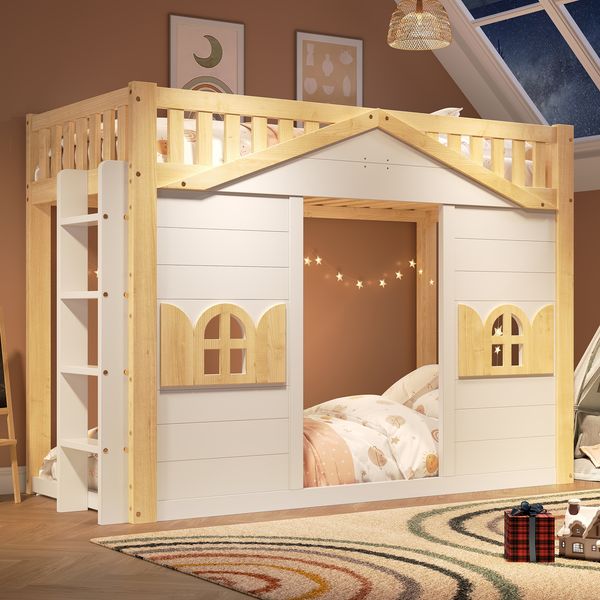 Merax Etagenbett, 90x200cm, Hochbett, Kinderbett, Holzbett, Hausbett Fenster-Form, darunter als Bett oder als Aktivitätsbereich genutzt, weiß+Naturfarbe