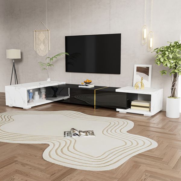 TV-Lowboard, MDF/Spanplatte, dreh- & ausziehbar, 140-260x40x30 cm, Schwarz/Weiß