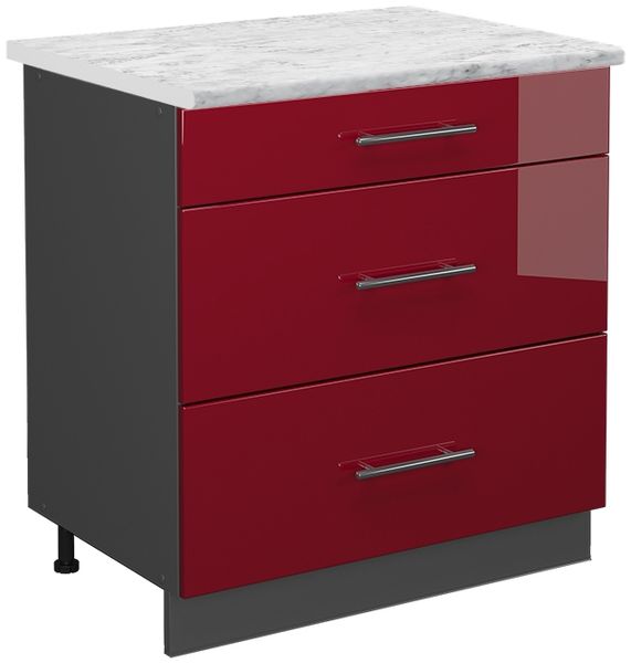 Küchenunterschrank Fame-Line Bordeaux Hochglanz 80 cm mit 3 Schubladen, AP Marmor Vicco