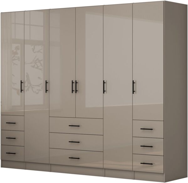 OTTO home Kleiderschrank Trento Schlafzimmerschrank Garderobe hochglanz (in 2 unterschiedlichen Schrankhöhen wählbar) Schrank mit 6 Türen und 9 Schubladen, Hochglanz-Fronten, 2,0 m Höhe