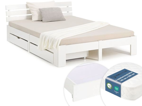 Holzbett Doppelbett 140x200 cm mit Federkernmatratze & 2 Bettkästen Bett Weiß Massiv Holz Lattenrost