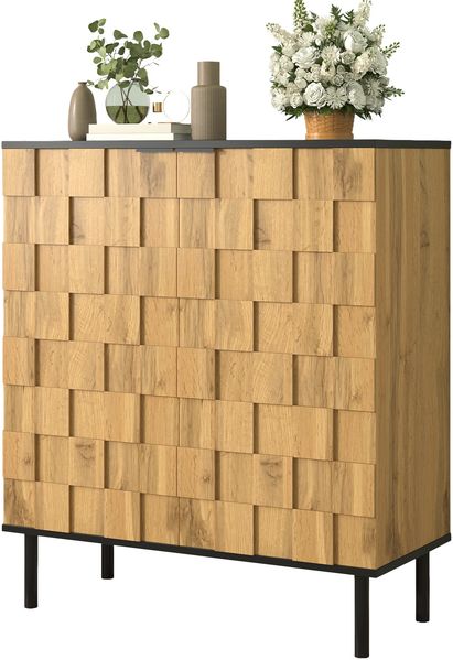 Mosaik-Schuhschrank, 2-türiger Schuhregal, Aufbewahrungsschrank für Flur, Holzoptik, Spanplatte, Metallfüße, höhenverstellbare Fächer