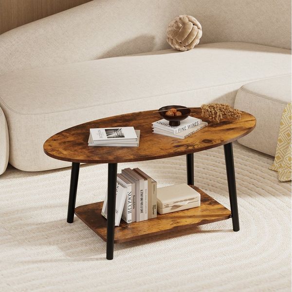 JEOBEST Couchtisch Doppelschicht Couchtisch, Beistelltisch Sofatisch mit Ablagen, Wohnzimmertisch Oval 100 x 53 x 45 cm, einfacher Aufbau
