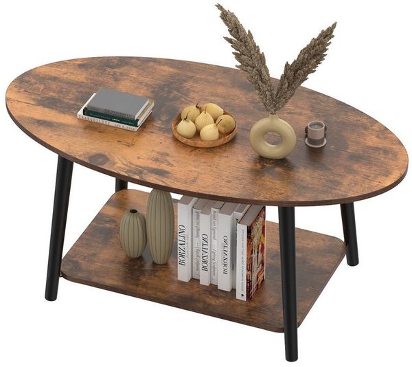 JEOBEST Couchtisch Doppelschicht Couchtisch, Beistelltisch Sofatisch mit Ablagen, Wohnzimmertisch Oval 100 x 53 x 45cm, einfacher Aufbau