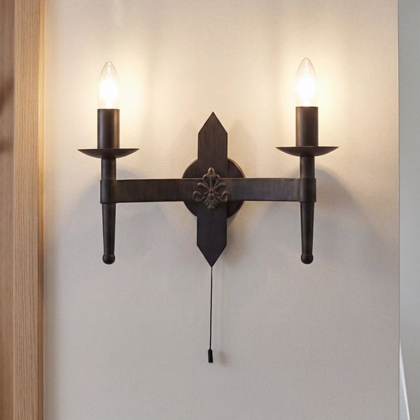 Licht-Erlebnisse Wandleuchte BATTENBERG, ohne Leuchtmittel, Eisen geschmiedet Schwarz Rustikal Landhaus 2-flammig E14 B:33,5 cm