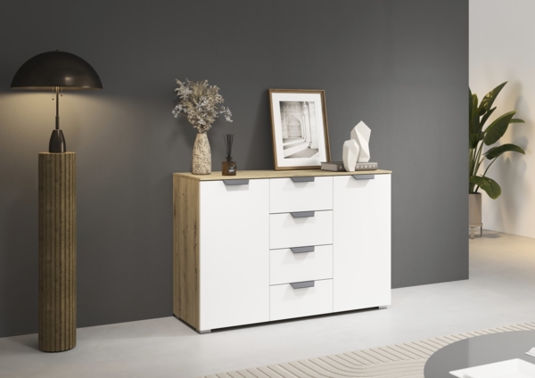 rauch Aditio Box, Kommode, 2-türig, 4 Schubladen, mit Softclose-Funktion, Farbe Weiß/Eiche Artisan, BxHxT 120x81x42cm