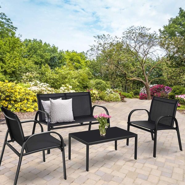 COSTWAY 4 tlg. Terrassenmöbel Lounge- Balkon- & Garten-Set inkl. 2 Einzelstühlen 1 Bank & 1 Couchtisch Textilene Sitzgruppe Sitzgarnitur Schwarz