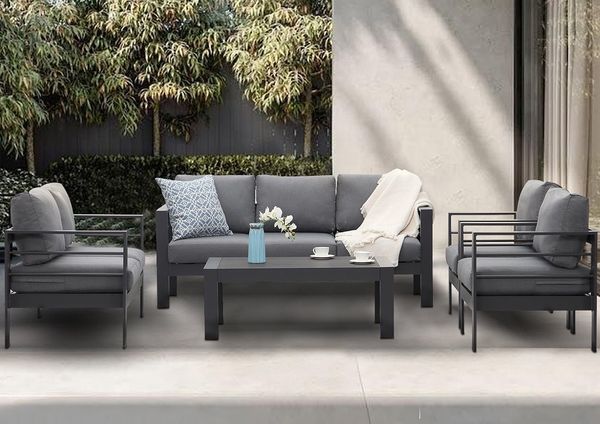 MeXo Gartenlounge-Set XXL Gartenmöbel Set Aluminium Outdoor, (Gartenmöbel Set, 5-tlg, 1×3-Sitzer Sofa, 1×2-Sitzer Sofa, 2×Sessel, 1×Tisch, 14×Auflagen), wetterfest Sitzgruppe Essgruppe Gartengarnitur für 6-7 Personen