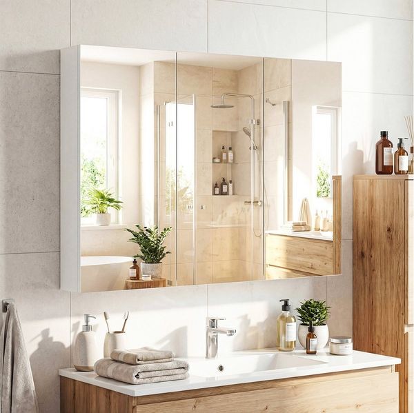 COSTWAY Spiegelschrank Bad Hängeschrank mit 3 Türen & 6 Fächern 87x65x12,5cm