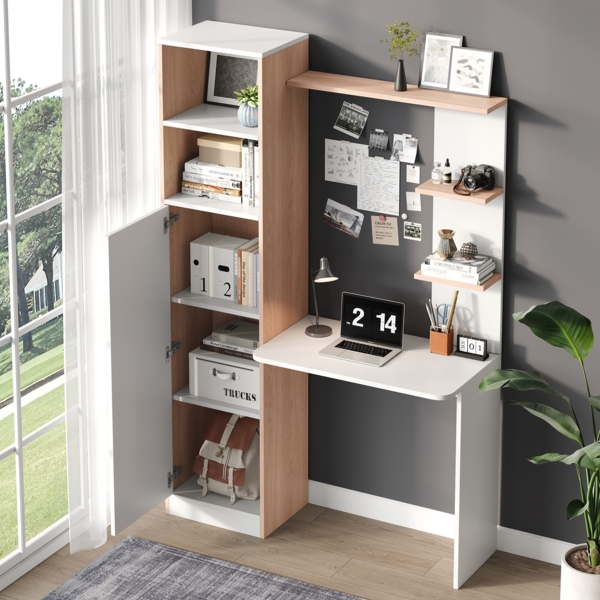 Schreibtisch mit Regal 123,5×45×168,5 cm,Arbeitsplatz mit Zweizonen-Aufteilung, geschlossenem Schrank und offenen Regalfächern,weiß-natur