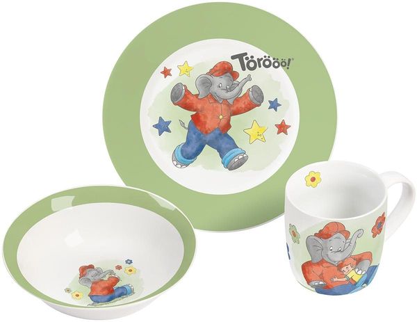 Geda Labels GmbH Kindergeschirr-Set Benjamin Blümchen Watercolor 3tlg. (3-tlg), Porzellan, Grün, 24x9,8x14,5, spülmaschinengeeignet