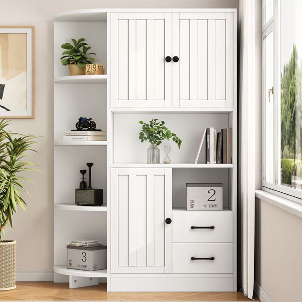 Eckschrank mit 3 Schränken & 2 Schubladen, 104x35x155 cm, Weiß