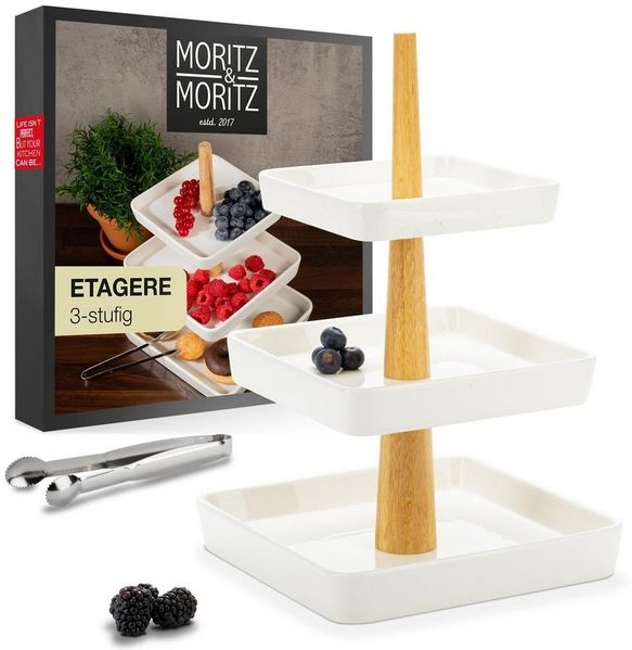 Moritz & Moritz Etagere Moritz & Moritz Etagere eckig 3-Stufig weiß mit Holz Stange, Porzellan, (3 Etagen, 2-tlg), Perfekt als Obstschale für Obst Aufbewahrung, Muffins und Cupcakes
