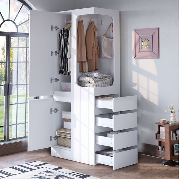 MODFU Kleiderschrank eintüriges Design (Schrank mit 4 Schubladen und offenem Kleiderbereich, 70 × 40 × 170 cm)