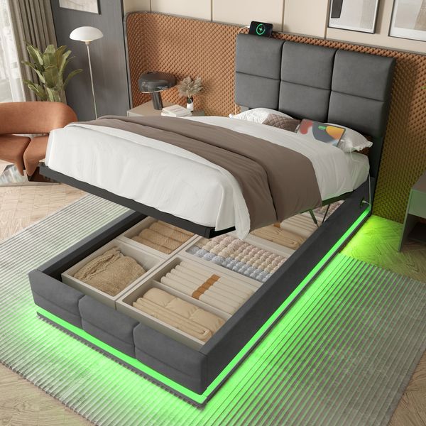 Flieks Einzelbett 90x200cm Velours-Polsterbett, höhenverstellbarem Kopfteil, LED-Beleuchtung, USB-Anschlüssen & Stauraum – Grau