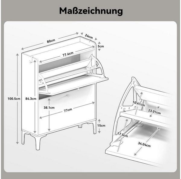 OUNUO Schuhschrank Schuhregal mit Schubladen und Metallfüßen, 60/80cm