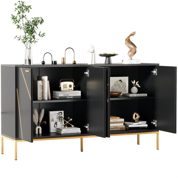 Moderne Kommode Schwarz Gold mit verstellbaren Regalböden und Metallfüßen elegante Aufbewahrungskommode für Wohnzimmer mit Kippsicherung 150 cm Breite Stauraum Möbel europäisches Design Sideboard, 80cmx40cmx150cm Bild 5