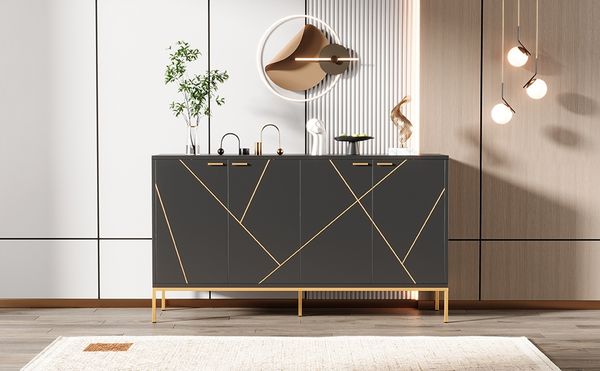Moderne Kommode Schwarz Gold mit verstellbaren Regalböden und Metallfüßen elegante Aufbewahrungskommode für Wohnzimmer mit Kippsicherung 150 cm Breite Stauraum Möbel europäisches Design Sideboard, 80cmx40cmx150cm
