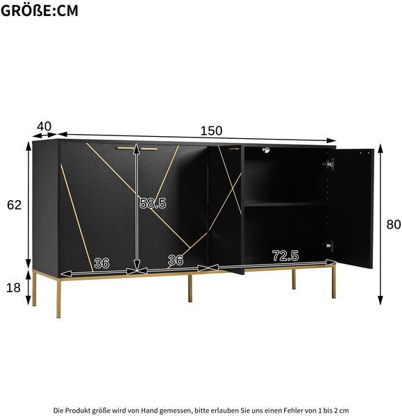 Moderne Kommode Schwarz Gold mit verstellbaren Regalböden und Metallfüßen elegante Aufbewahrungskommode für Wohnzimmer mit Kippsicherung 150 cm Breite Stauraum Möbel europäisches Design Sideboard, 80cmx40cmx150cm Bild 3