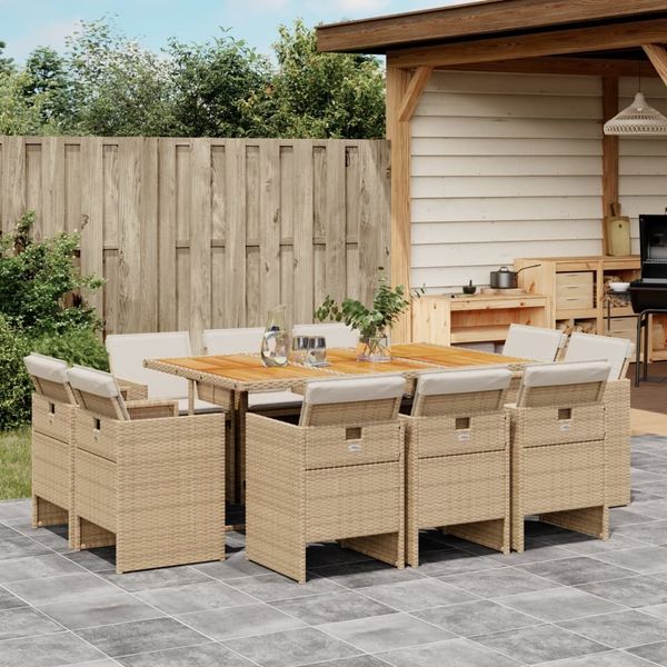 vidaXL 11-tlg. Garten-Essgruppe mit Kissen Beige Poly Rattan 3277743