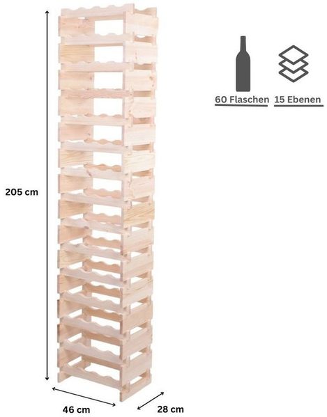 PROREGAL® Weinregal VINOTECA FLEX PRO HxBxT 205x46x28cm 60 Flaschen Natur unbehandelt