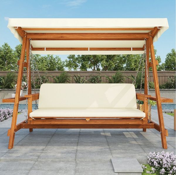 Flieks Hollywoodschaukel, 3-Sitzer Gartenschaukel 199 x 177 x 188 cm mit Sonnendach und Ablagen