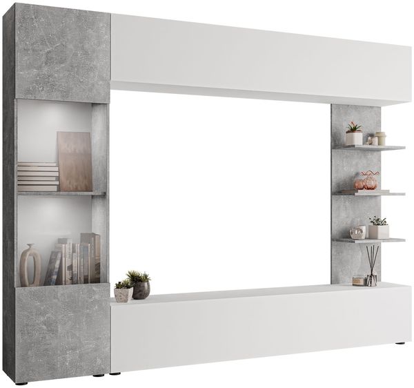 Wohnwand Lazando, mit weißer LED Beleuchtung, Farbe: Weiß / Beton