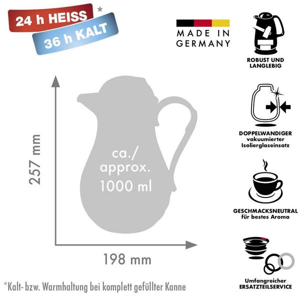 ROTPUNKT Isolierkanne 1,0 Liter I Glaseinsatz I premium Thermokanne I 24 Std heiß, (Kaffeekanne I Teekanne, Thermoflasche), Langanhaltende Isolierung