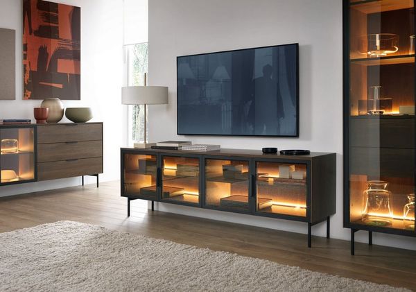 MOEBLO TV-Board ELOA 181 4D (Stilvolles Highboard mit LED-Beleuchtung, Ornamentglas & gehärtetem Glas, Metallakzenten, Kaschmir oder Eiche Dunin, Wohnzimmer Kommode Wohnzimmermöbel), (BxHxT): 181,3 x 61,6 x 39,3 cm