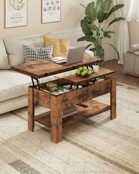 MSMASK Couchtisch Höhenverstellbarer Kaffeetisch mit Verstecktem Stauraum, und Ablage für Wohnzimmer, Braun