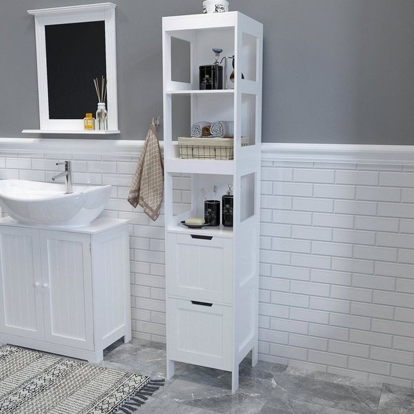 Mondeer Badkommode Badezimmerschrank, Hochschrank, Badschrank, mit 2 Schubladen und 3 offenen Regal