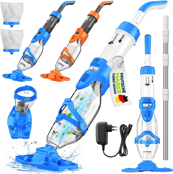 tillvex Poolsauger Blau/Grau mit Akku & Teleskopstange + Ersatzfilter bis zu 15 m³ | Pool Bodensauger elektrisch | Poolreiniger mit Filter & 60 min Laufzeit | Handsauger Reinigungsset kabellos
