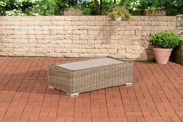 TPFGarden Gartentisch Maden - Loungetisch für Garten, Balkon, Terrasse (Hochwertiger Outdoor Sofatisch aus UV-beständigem Polyrattan, 1-St, Stabiler Garten- Loungetisch - Tischplatte 5 mm Klarglas), Maße (BxLxH): 60 x 110 x 33cm - Farbe: natura