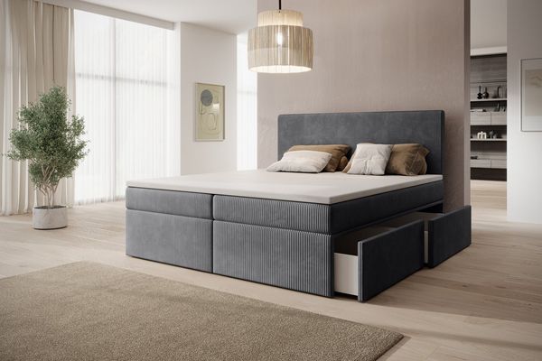 PROMETO Möbel Boxspringbett Doppelbett mit 4 Schubladen, Topper, Kopfteil 180x200cm POSO-Cordstoff, inkl. Taschenfederkern-Matratze (7-Zonen)