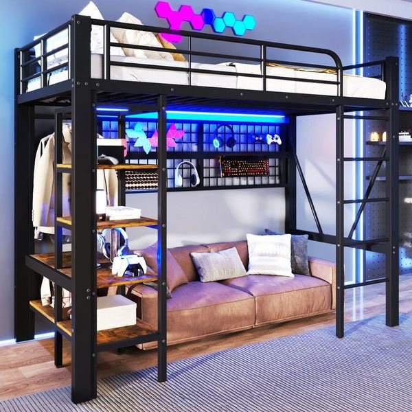 Merax Hochbett 90x200cm mit LED-Lichtleiste (Metallbett Jugendbett Einzelbett mit Eisenrahmen, 1-St) Kinderbett mit Kleiderstange, Ablagefach, Netz & Offener Stauraum