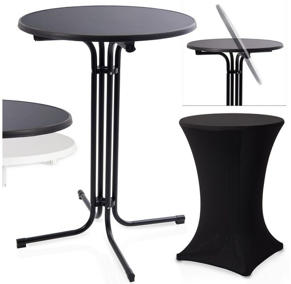 Onbest Stehtisch mit Tischhusse Ø 80 cm klappbar, 2,5 cm Holzplatte, 60 kg Tragkraft, Hitzebständig, Schwarz