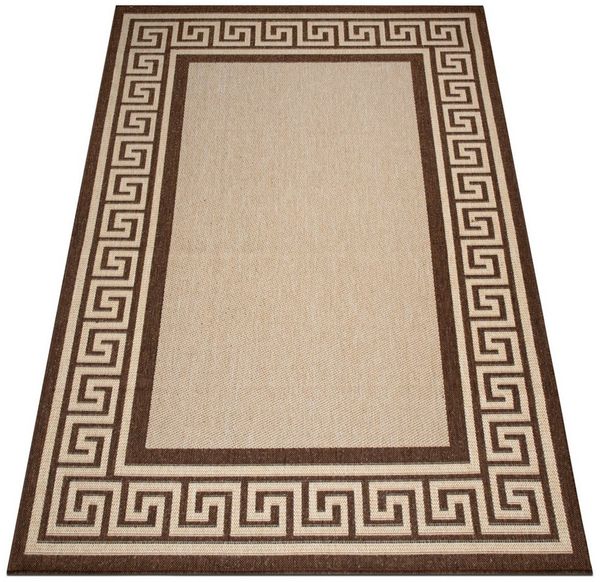 oKu-Tex Outdoorteppich PLUTUS In- & Outdoor Teppich, Flachgewebe, Sisaloptik, rechteckig, Höhe: 3 mm, griechische Bordüre, UV-Resistent, Terrasse, Küche, Bad, Grau-Schwarz
