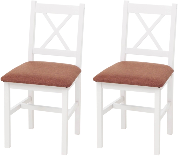 2er-Set Esszimmerstuhl HWC-F77, Lehnstuhl Küchenstuhl Stuhl, Massiv-Holz Stoff Landhaus ~ weiß, Polster terrakotta