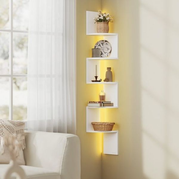 VASAGLE Eckregal mit LED-Beleuchtung, Wandregal 5 Ebenen, Schweberegal für Bücher, Bücherregal, Pflanzenregal für Schlafzimmer, Wohnzimmer, Badezimmer, Homeoffice, mattweiß LBC630W01
