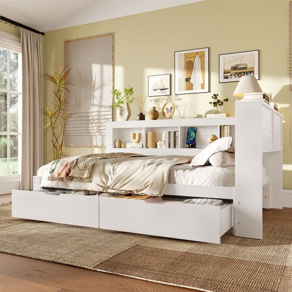 Daybett 140x200 cm, Schlafsofa mit zwei Schubladen, Tagesbett mit USB-Anschlüsse und Steckdose, praktisches Schlafsofa