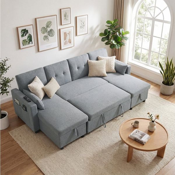 HOMCOM Ecksofa Ausziehbares Schlafsofa Schlafcouch mit Kissen, Eckcouch 1 Teile, 3-fach verstellbare Rückenlehne, Bettkasten, Schlafsofa