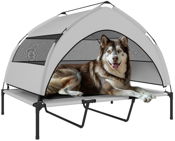 PawHut Tierbett Erhöhtes Hundebett mit Dach, Stahlrahmen, Aufbewahrungstasche, Polyester, für extra große Hunde, 122x92x94cm, Hellgrau