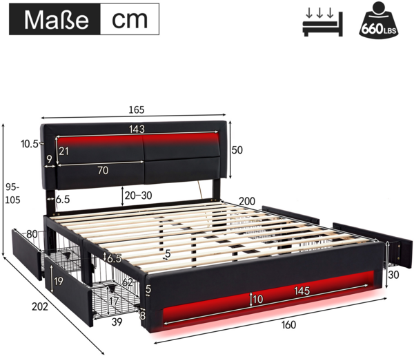 Merax Polsterbett LED Doppelbett 160x200cm mit USB-Anschluss und 4 Schubladen, schwarz