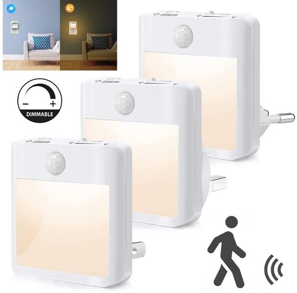 Sunicol LED Schreibtischlampe Dimmbar LED Nachtlicht mit Bewegungsmelder, Steckdose Nachtlampe, 3 Modi Auto EIN/AUS Warmweiß Treppen Licht Steckdosenlicht