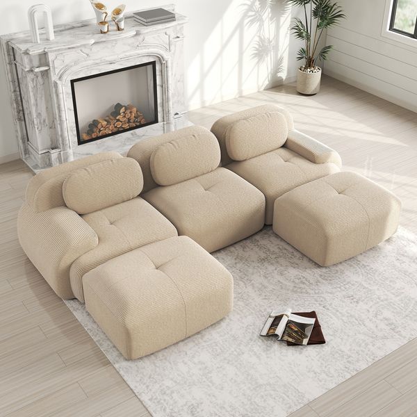 Ecksofa, modulares Cord-Ecksofa Beige, montagefrei und rutschfest，H 75 x T 298 x B 178 cm