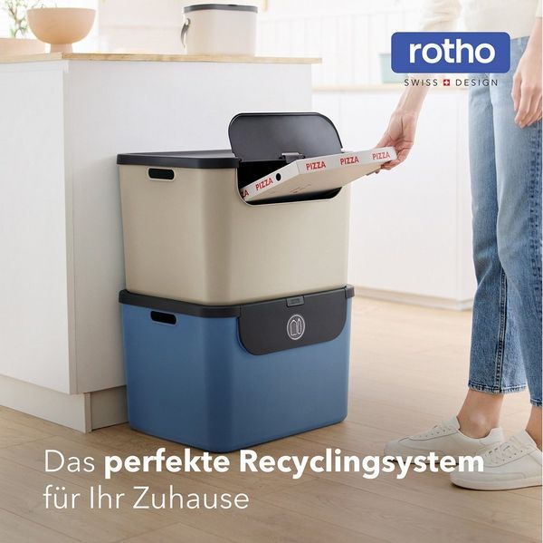 ROTHO Mülltrennsystem Albula Mülleimer 55l mit Frontklappe für die Küche – Recycling System, Behälter ideal für Mülltrennung & Recycling