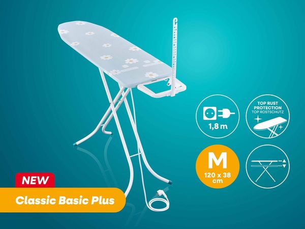 Leifheit Bügelbrett Bügeltisch Classic M Basic Plus, Bügelfläche 38.0x120.0 cm, Höhenverstellbar, 120 x 38 cm Bügelfläche, feste Bügeleisenablage