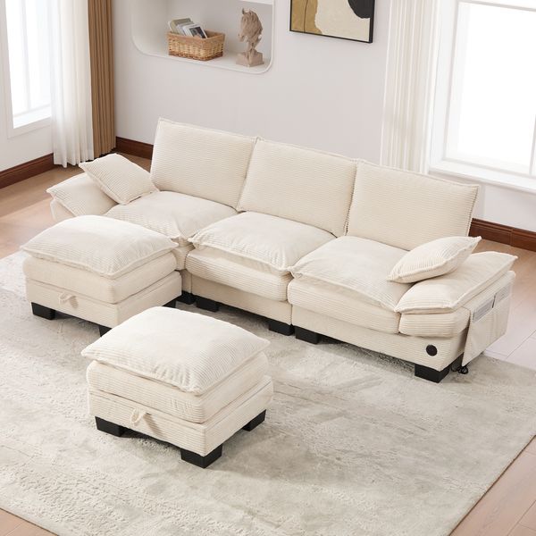 3-Sitzer Sofa aus Cord mit 2 Hockern & USB-C-Anschluss, 260 x 132 x 84 cm, Beige