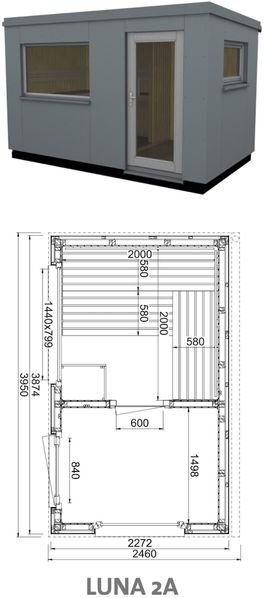 Infraworld Luna 2 Außensauna mit HPL-Platten Anthrazit versch. Fenstergrößen und Inneneinrichtung Luna 2A - Großes Fenster (BxH): 1440x799 mm