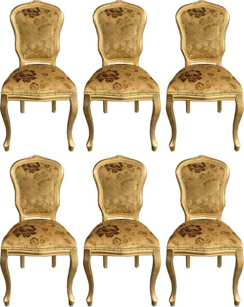 Casa Padrino Luxus Barock Esszimmer Stuhl Set mit elegantem Muster Gold 50 x 60 x H. 104 cm - Küchen Stühle 6er Set - Barock Esszimmer Möbel